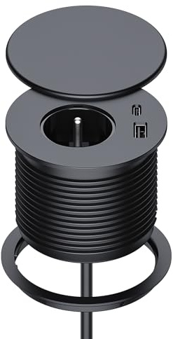 Bloc Prise Encastrable, Dinolink Multiprise Encastrable avec 1 Prise, 1 Port USB C, 1 Port USB A, 80 mm de Diamètre, 1,5M de Câble, Prise Bureau pour la Cuisine, Le Bureau, Les Meubles, Noir