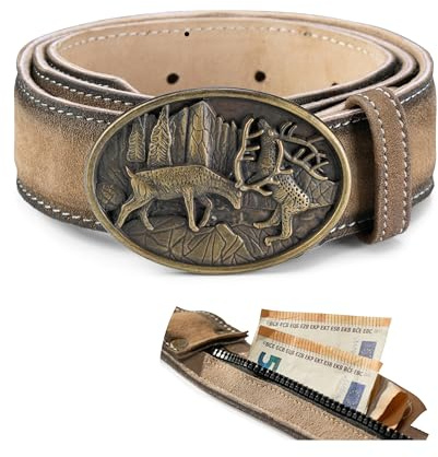 Schöneberger Trachten Couture Herren Trachtengürtel mit Geheimfach - Echtleder Lederhosen Gürtel mit Hirsch Schnalle – Ledergürtel mit Geldfach Armin (Braun,54-56)
