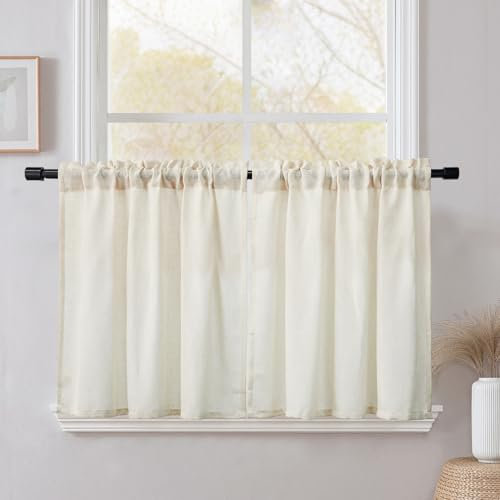 CUCRAF Kitchen Curtains Linen Blend, W 48 x L 36 Inch 2 Panels Cafe Curtains for Small Windows, Short Lightweight Curtain for Rod Pocket Kitchen Sink Cupboard Bathroom, Natural