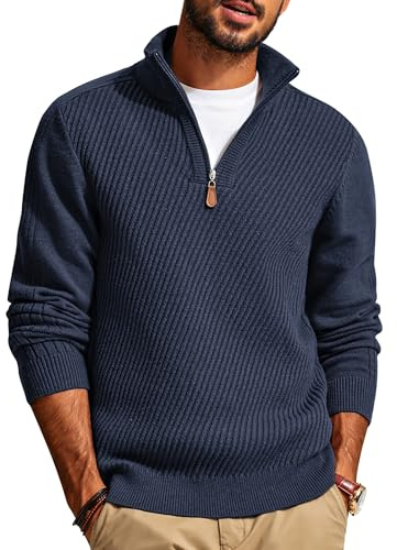 PJ PAUL JONES Sweater for Men Quarter Zip Pullover Sweater Mock Neck Texture Sweater Dark Blue