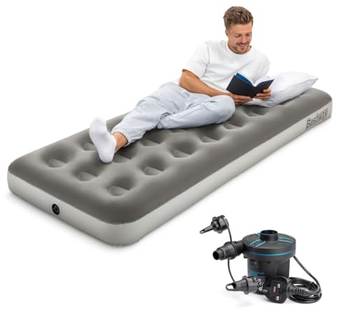 Bestway Premium Camping Single Airbed with Handheld Electric Pump, Single Flocked Inflatable Bed Portable, Air Mattress, Outdoor Camping Bed