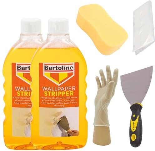 Wallpaper Stripper Bundle - 2 x 500ml Bartoline Wallpaper Remover Bottles, Blackspur 4 Scraper with Non-Slip Grip, Thick 2' Sponge, Gloves & Dust Sheet | Ultimate Wallpaper Removal Kit