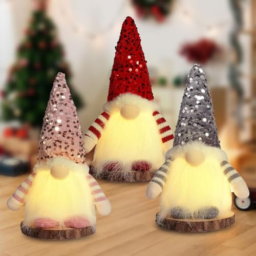 3 stycken juldekorationer med LED-ljus, juldekoration, jultomtar plyschdekorationer, lysande jultomtefigurer, juldekoration med belysning (paljetter)