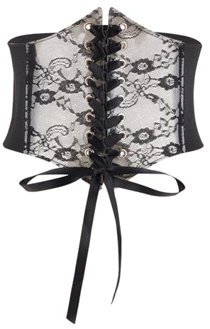 NICENEEDED Ceinture Corset Fleurie en Dentelle Noire Ceinture Élastique Vintage Large à Lacets Ceinture Nouée à la Taille Ceintures de Serrage Extensibles