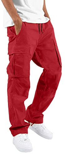 Cargohose Herren Stretch - Cargo Jogginghose Baggy Chino Hose Herren Casual Loose Fit Sweatpants mit Reißverschluss Taschen Männer Sweathosen Bequem Atmungsaktiv Jogger Rote Hose Herren