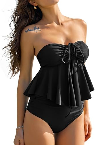 ZAFUL Womens Two Piece Bathing Suits Halter Bandeau Self-Tied Tankini Set Swim Top with Bottom Flyaway Tummy Control Swimsuit