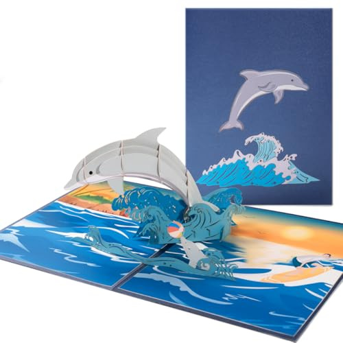 Fanimyholy Pop Up Biglietti Auguri Delfino, Biglietti Auguri Compleanno 3D, 3D Pop Up Biglietto di Compleanno, Simpatico Delfino Scultura di Carta Tridimensionale, Regalo a Sorpresa per la Famiglia