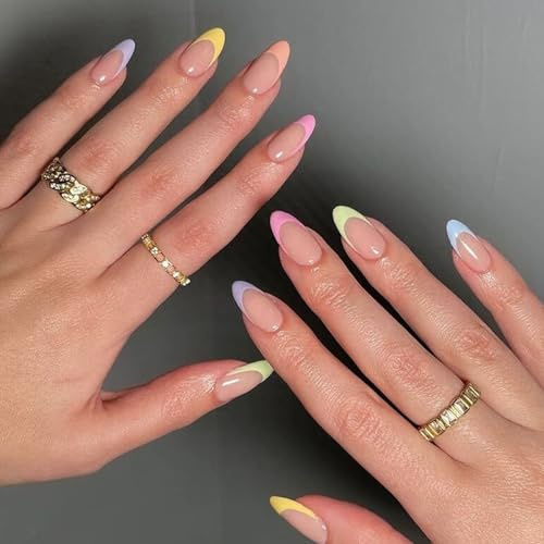 Glossy Rainbow French Acrylic Press-On Nails, 24PCS Short Almond Fake Nails with Colorful Tips, Stick-On Art for Women & Teen Girls, Simple DIY Manicure Kit for Bright and Playful Looks