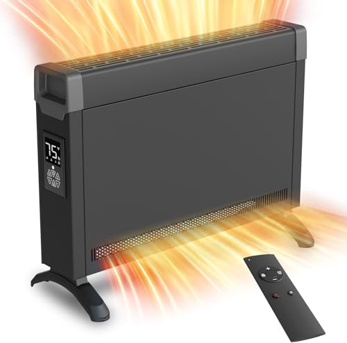 BREEZEHEAT Electric Panel Heaters-Convection Space Heater, Fanless Quiet Room Heating for Bedroom/Office w/LED Digital Display, Adjustable Temperature, Timer, Remote Control, Black