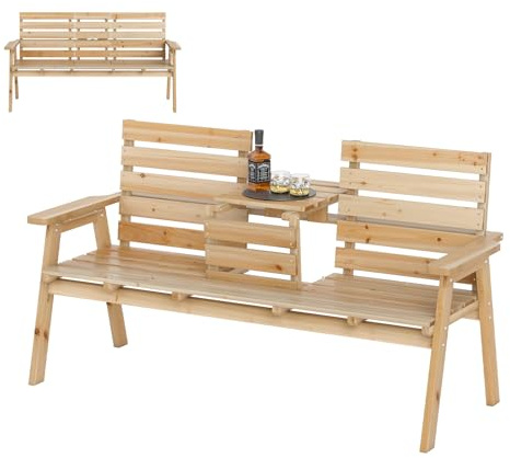 GIANTEX Gartenbank mit Tisch, Massive Holzbank mit klappbarem Mitteltisch, Sitzbank Bank 3 Sitzer, Parkbank ergonomisch mit Rücken- & Armlehnen, Garten Balkonbank Terrassenbank bis 320 kg belastbar