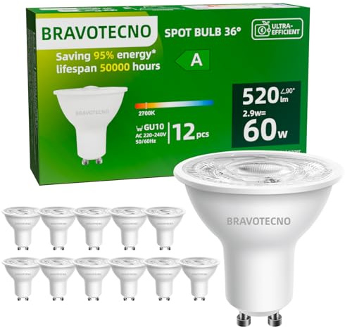 bravotecno Ampoule GU10 LED, Classe Énergétique A, GU10 LED Blanc Chaud 2700K 2.9W 520LM, Spot GU10 36° Équivalent à 60W, Non Dimmable, Chaleur Faible & Durable, Lot de 12