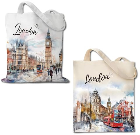 Cunegra London - Borsa regalo di stoffa, per souvenir, stampa su entrambi i lati, in tela, da donna, in stile vintage, per ufficio, viaggi, shopping, 40 x 35 cm