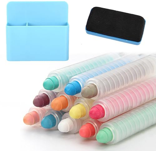 iNelihoo 12pcs Colored Dustless Chalk Set with Holder Twistable Chalks with Magnetic Chalkboard Eraser, Storage Box Washable Chalkboard Chalks Non-Toxic Sidewalk Chalk for Blackboard Drawing Writing