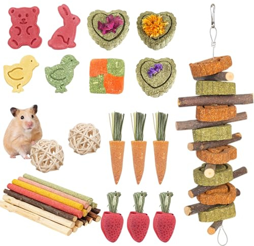Juego de 42 Juguetes para Conejos, Juguetes Naturales para Masticar Conejo, Juguetes Hamster, cobaya y Chinchilla, palitos de heno de Madera de Manzana para Tratar la dentición de Conejos y Animales