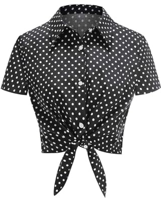 Haut à pois pour femme - Col montant vintage - Crop Top - Chemisier court court - Chemisier Oxford - Avec boutons et nœuds - Chemise d'été - Rockabilly - Tunique - Plage - Vacances - Couverture