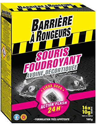 BARRIERE A RONGEURS Rodenticide contre les Souris, Foudroyant, Appât sur céréales, Agit entre 1 et 3 jours, 160 g, BARSOUF160, Noir