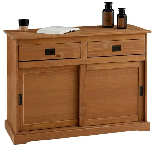 IDIMEX Kommode Savona, Sideboard mit 2 Türen 2 Schubladen, Kiefer massiv, Oberfläche braun lackiert, Buffetschrank, Geschirrschrank, Massivholz