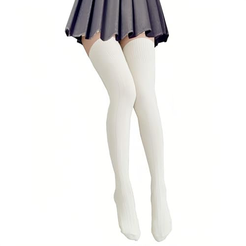 Bakicey Damen Kniestrümpfe Socken Overknee Strumpfhosen Baumwollstrümpfe Stricksocken Stützkniestrümpfe Gestrickte Hoch Über das Knie Lange Winter Strümpfe, 74cm Weiß