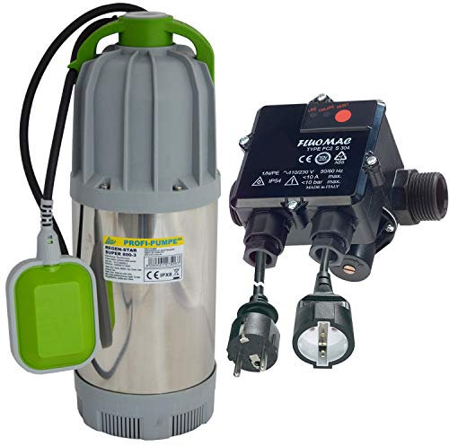 TAUCHPUMPE ZISTERNENPUMPE TAUCHDRUCKPUMPE mit Schwimmerschalter REGENWASSERPUMPE für ZISTERNE, REGENTANK, REGENSPEICHER, ERDTANK (Tauchpumpe 800-3 mit Pumpensteuerung FLUOMAC®)