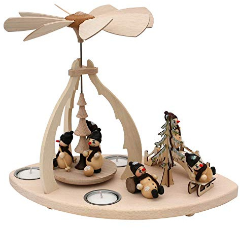 Dekohelden24 Piramide, portacandela in legno, con scena, per 3 lumini a forma di pupazzi di neve, circa 32 x 19,5 x 25 cm.