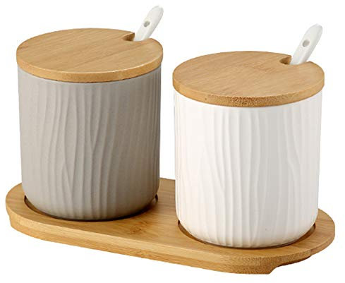 OnePine Set of 2 Sugar Bowl, Ceramic Spice Jar Condiment Pots with Bamboo Lid and Ceramic Spoon for Home and Kitchen