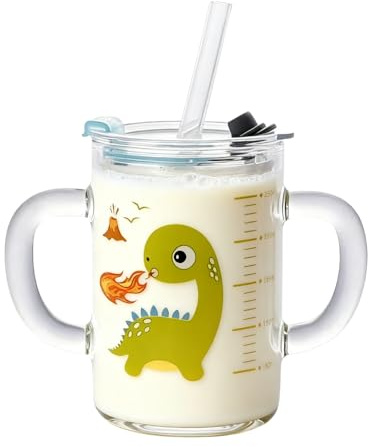 ITODA Tasse à Lait pour Enfants avec 2 Pailles et Couvercle, Tasse en Verre Transparent 250ml Verre d'eau Mesurer Dessin Animé Impression avec Double Poignée Mugs et Tasses pour les Enfants 4-6 Ans