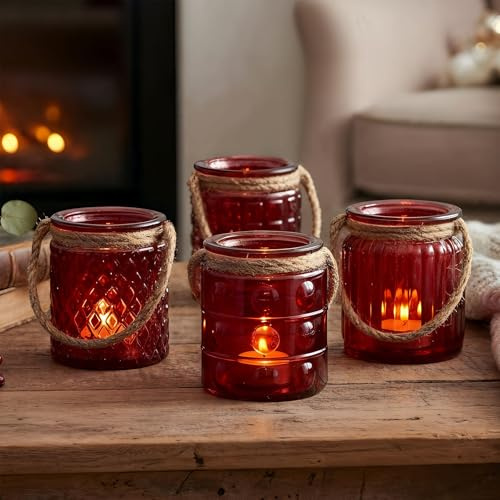 4er Set Windlicht Glas Rot H10cm Bordeaux Teelichthalter Tischdeko Kerzen Deko Retro Kerzenhalter Flachs