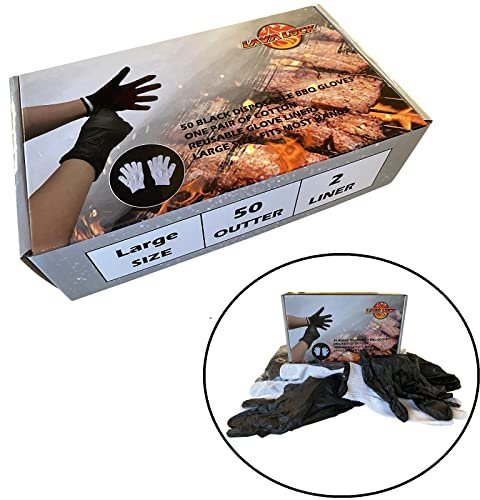 LavaLock Black Disposable Nitrile BBQ Gloves with 2 Cotton Liners for Outdoor Cooking Grilling Smokers and Barbecue Competition, Chef or Kitchen use