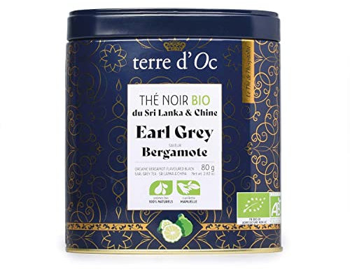 terre d'Oc - Thé Noir Bio Earl Grey - Saveur Bergamote - Boite en Métal - Feuille en Vrac - Idée Cadeau Homme et Femme - 80 g