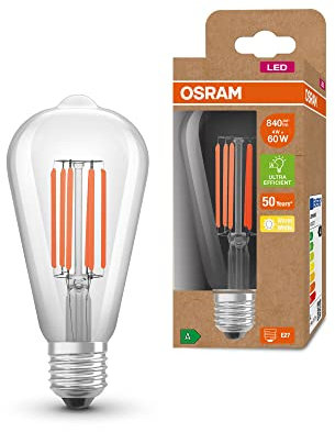 OSRAM Lámpara LED de ahorro de energía, Filamento Edison, E27, Blanco cálido (3000K), 4 vatios, sustituye a la bombilla de 60W, altamente eficiente y de ahorro de energía, paquete de 1