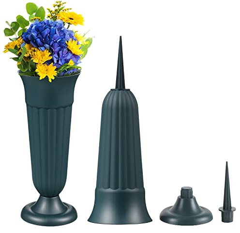MissFox 2 Pièces Vase Cimetiere, 33 x 11 cm Vase Funéraire en Plastique avec Pointe en Terre et Piédestal, Vase de Fleurs pour Cimetière, Vase Enfichable à Décorer pour Tombe, Vert