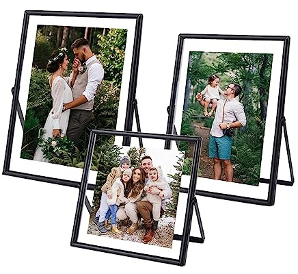 HSAUYU Glass Picture Frame Set of 3, Black Simple Metal Geometric Photo Frame with Glass Cover Includes 5x7, 4x6, 4x4 - Tabletop Floating Picture Frames for Home Decoration, Gift for Father's Day