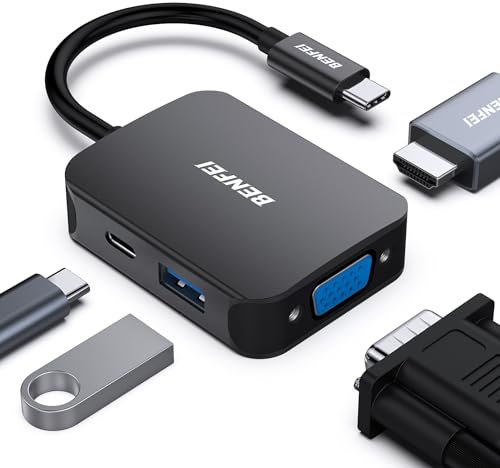 HUB USB C 4 en 1, BENFEI adaptateur USB C vers HDMI VGA, adaptateur USB Type-C vers USB, compatible pour MacBook Pro/Air, iPhone 15 Plus Pro Max, Surface Book 2, Dell XPS 13/15, Pixelbook et plus-Noir