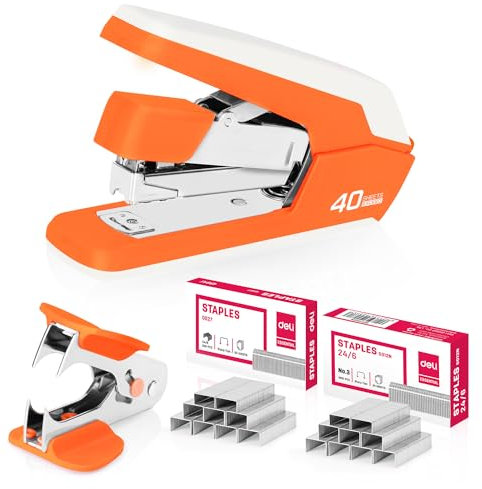 deli Heftgerät Schreibtisch Tacker Bürobedarf, kompatibel mit 24/6, 26/6, 24/8 Heftklammern, bis zu 40 Blatt, bis zu 80% kraftsparend, 65mm Hefttiefe, mit Entklammerer & 1500 Tackernadeln (Orange)