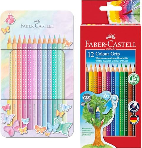 Faber-Castell 201910 - Buntstifte Sparkle Pastell, 12er Metalletui & 112412 - Buntstifte Colour Grip, 12er Kartonetui