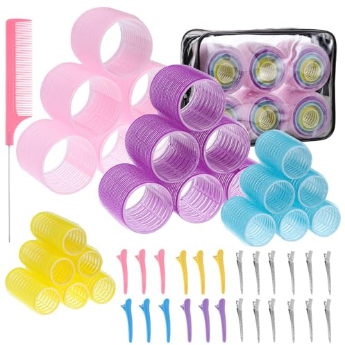 4 Sizes Self-Grip Hair Rollers Set - 50 Pcs with Clips in 4 Colors, Jumbo Rollers for Long, Short Hair and Bangs (25mm, 36mm, 48mm, 60mm)
