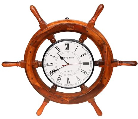 Big Wood Works Handcrafted Nautical Wooden Ship Wheel Wall Clock – 24” Pirate-Themed Maritime Wall Decor – Rustic Coastal Beach House Accent