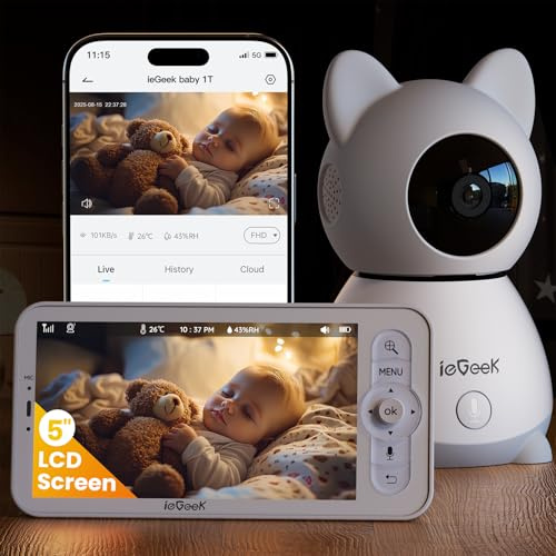 ieGeek 2K Baby Monitor with 5 Screen, HD Video Baby Camera with Motion & Cry Detection, Two-Way Audio, Night Vision, 360° PTZ & Temperature Humidity Sensor for Baby Nursery (Light Grey)