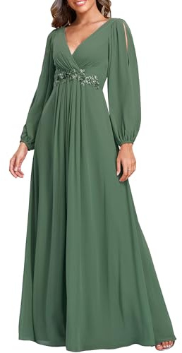 Ever-Pretty Vestito da Cerimonia Elegante Linea ad A Scollo a V Appliques Plissettato Donna Taglie Forti Abiti da Sera Verde eucalipto 42