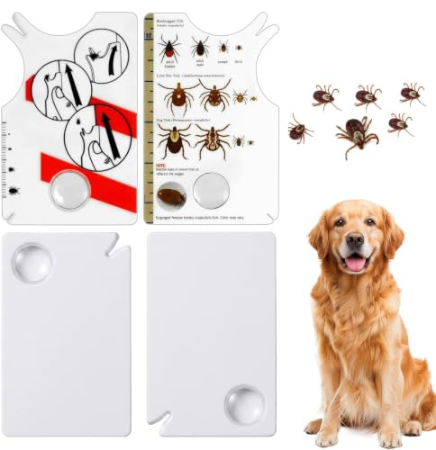 YUGYNE 4 Piezas Tarjeta Quita Garrapatas con Lupa para Perros, Gatos y Humanos, Eliminador de Garrapatas Portátil y Seguro, Kit de 2 Tarjetas con Instrucciones y 2 en Blanco para Viajes y Mascotas