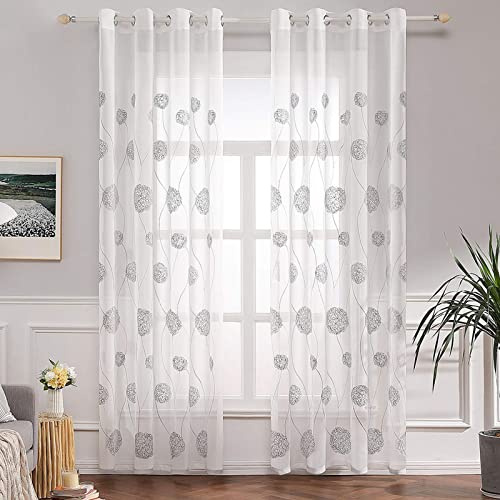MIULEE Tenda per Camera da Letto, Tende Voile con Grigio Ricamata Motivo, Tende Bianche Trasparenti con Occhielli, Tenda Finestra Interni per Casa Soggiorno e Salotto 2 Pezzi,2xL 140 x A 260 cm