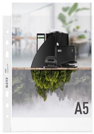 Leitz A5 Prospekthüllen, 25 Stück, Universallochung , Matte Oberfläche, 100 Mikron Folienstärke, 100% recyclebar, Umweltfreundlich, Recycle-Serie, Farblos, 40020003