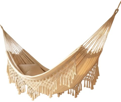 Hamaca al Aire Libre Cámping Hamacas de jardín Cama de Hamaca de algodón Hamacas con Flecos de macramé amaca Balcón Boho amaca de borlas Hecha Mano amacas (Azul, 240x150cm, 200kg)