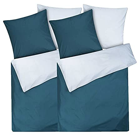 Moon 2er Pack Renforcé Uni Wendebettwäsche, Bettwäsche aus 100% Baumwolle, 135x200 / 80x80 (Aqua/blau)