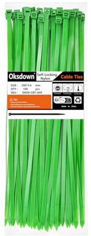 Oksdown Collier de Serrage en Nylon 200 mm × 3,6 mm Attache Câble Plastique Rilsan Serre Câbles, Vert, Lot de 100 Pièces