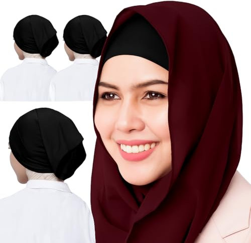 AL Barakeh Women’s Undercap Hijab 3-Piece Set – Soft Inner Scarf in Solid Color – Comfortable Turban Style for Muslim Women,12 Colors(Schwarz)