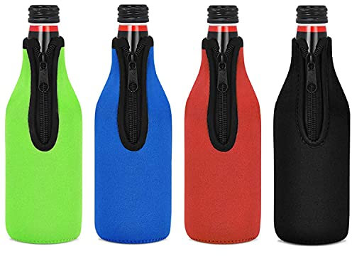 Bordhap 4 Pack Beer Bottle Insulator Sleeve Keep Cold,Zip-Up Bottle Jackets,Beer Bottle Cooler Sleeves,Neoprene Cover