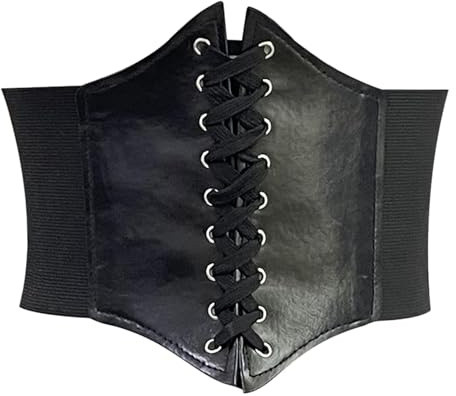Black Waist Corset Belt for Women Elastic Wide Leather Lace-up Tied Waspie Belt Halloween Pirate Tie Belts Costume Retro Ladies Underbust Cinch Belt for Dresses Cosplay Halloween Theme Party