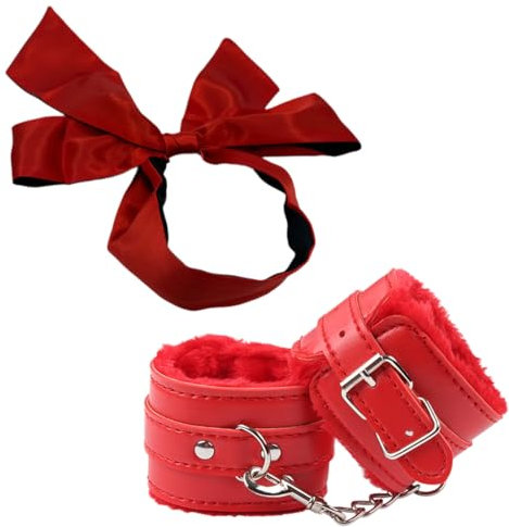 Manette per coppia, Peluche Pelle Rosso Kit Polso + Maschera per gli occhi sexy, bondage, manette, Adulti Sexy Shop Hot Oggetti Giochi Erotitici Sexy per Coppie, kit bondage
