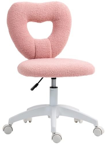 HOMCOM Armless Heart Computer Desk Chair, Height Adjustable, Wheels, Pink | Teddy Fleece Swivel Office Makeup Vanity Chair, for Home Study Bedroom